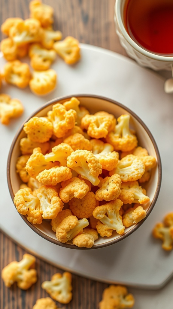 A bowl of cheesy cauliflower crackers next to a cup of tea.