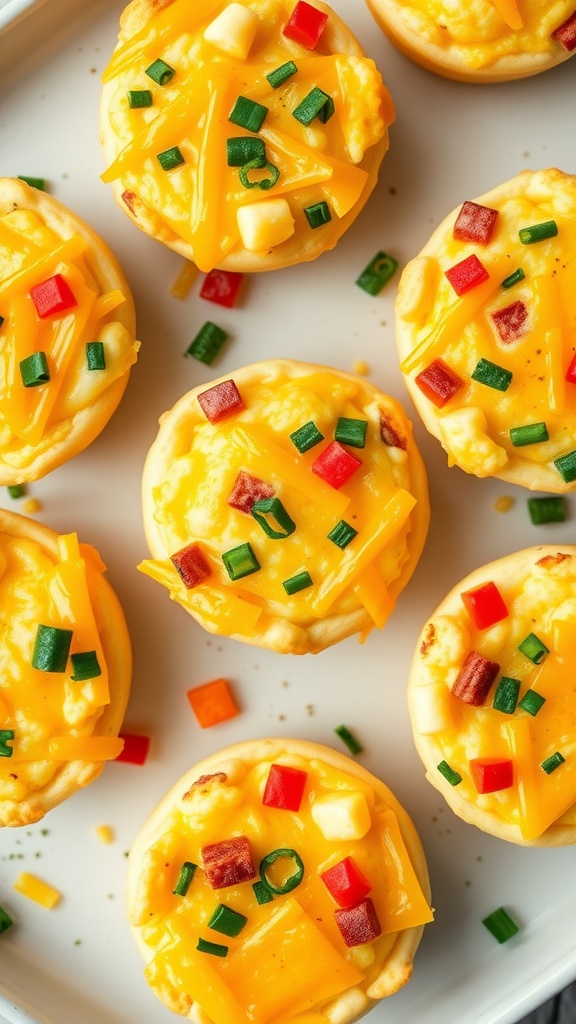 A tray of cheesy cauliflower egg muffins with colorful veggies.