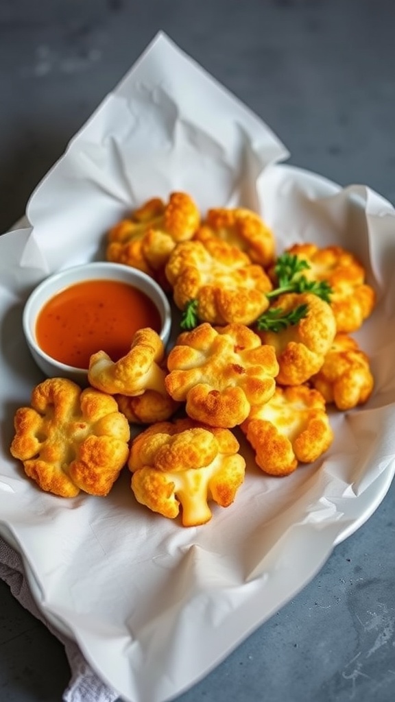 A plate of cheesy cauliflower fritters with a dipping sauce