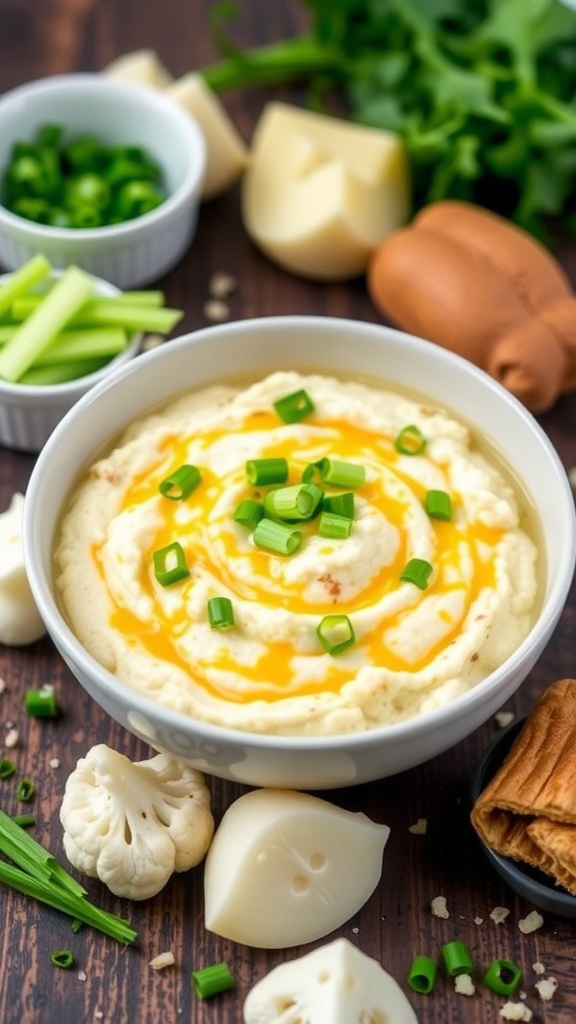 A bowl of cheesy cauliflower grits topped with green onions, surrounded by grated cheese and herbs