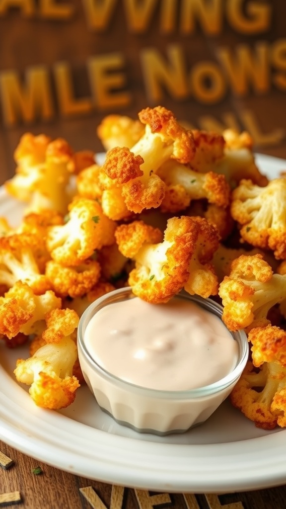 Plate of cheesy cauliflower hash browns with a dipping sauce