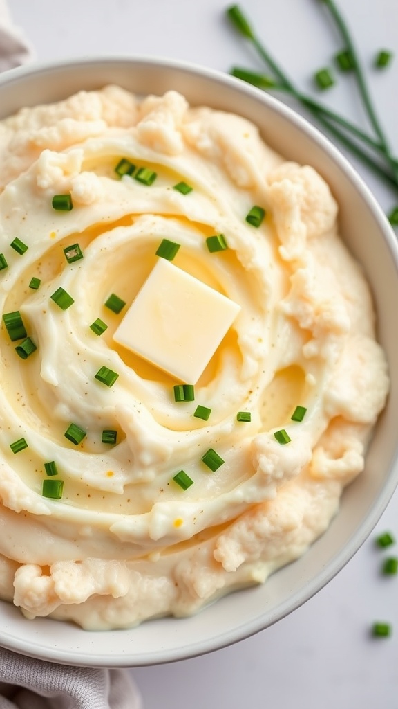 A bowl of creamy cheesy cauliflower mash topped with a pat of butter and chopped chives.