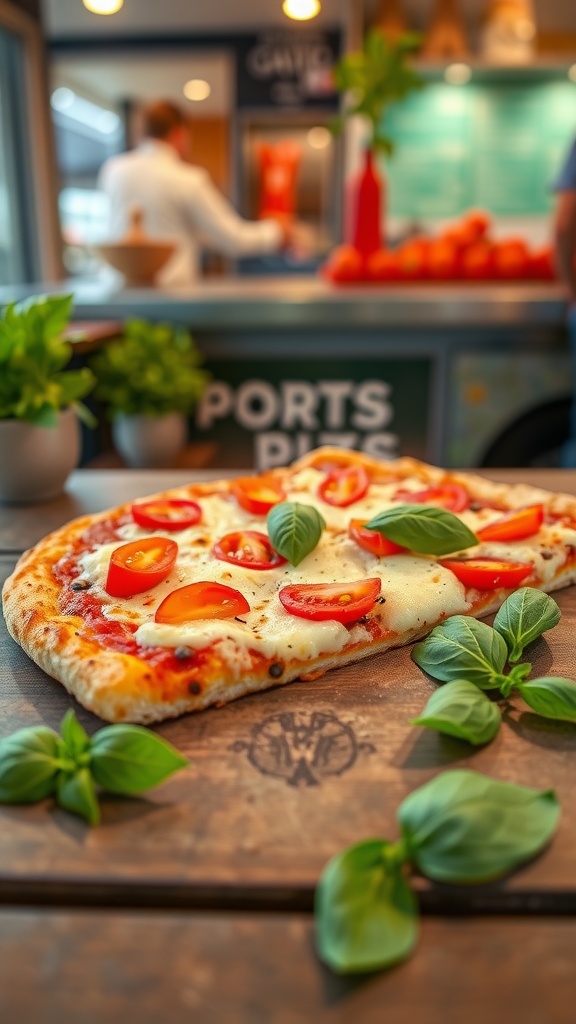 A delicious cheesy cauliflower pizza topped with tomatoes and basil on a wooden board.