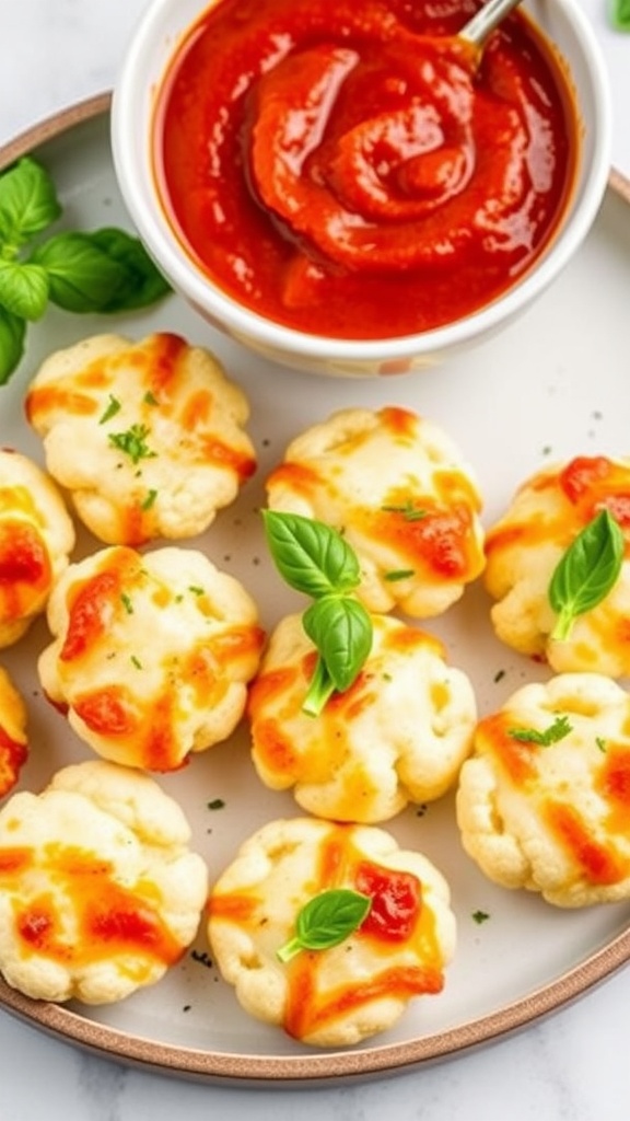 Cheesy cauliflower pizza bites with marinara sauce