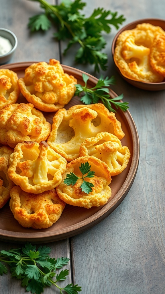 A plate of cheesy cauliflower puffs garnished with fresh herbs