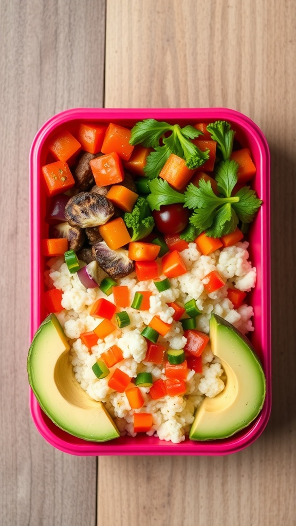 A vibrant lunch box featuring cheesy cauliflower rice, diced peppers, and avocado slices.