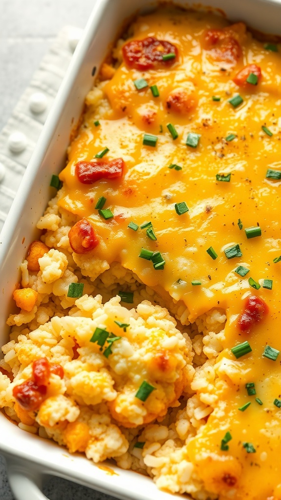 A baked casserole dish filled with cheesy cauliflower rice topped with sliced cheese and chives.
