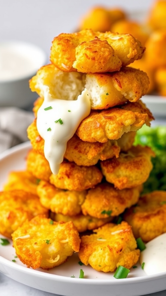 Plate of cheesy cauliflower tots with a small bowl of dipping sauce