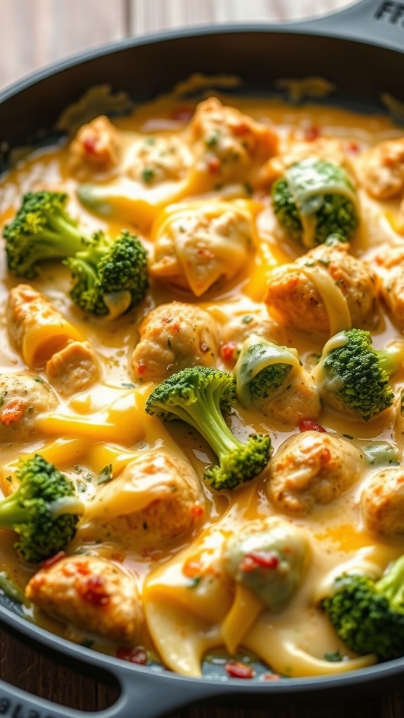 A delicious cheesy chicken and broccoli skillet filled with chicken pieces and broccoli in a creamy sauce.