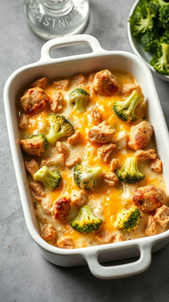 A cheesy chicken broccoli casserole in a white baking dish, topped with melted cheese and pieces of broccoli.