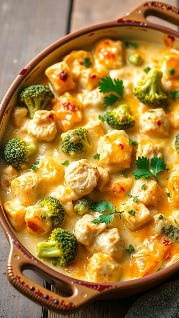 A delicious Cheesy Chicken Broccoli Casserole with chunks of chicken, broccoli, and melted cheese.