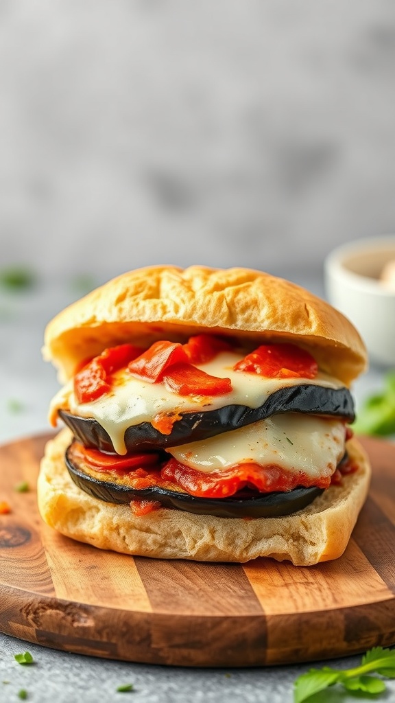 A close-up of a Cheesy Eggplant Parmesan Sub on a wooden board, featuring layers of eggplant, marinara sauce, and melted cheese.