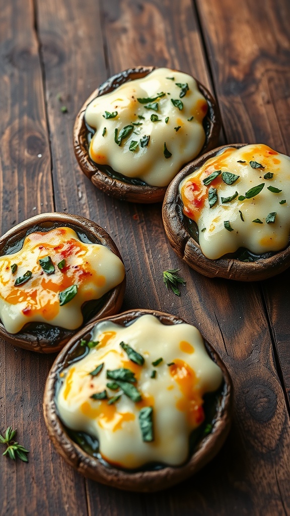 Grilled Portobello mushrooms topped with cheese and herbs on a wooden surface.