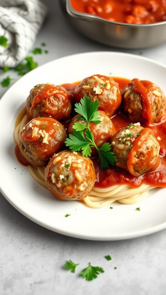 A plate of cheesy keto meatballs with marinara sauce and garnished with parsley.