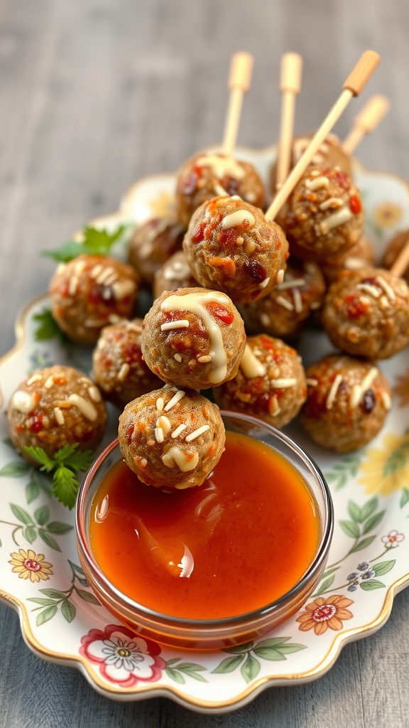 A plate of cheesy meatball skewers with a dipping sauce