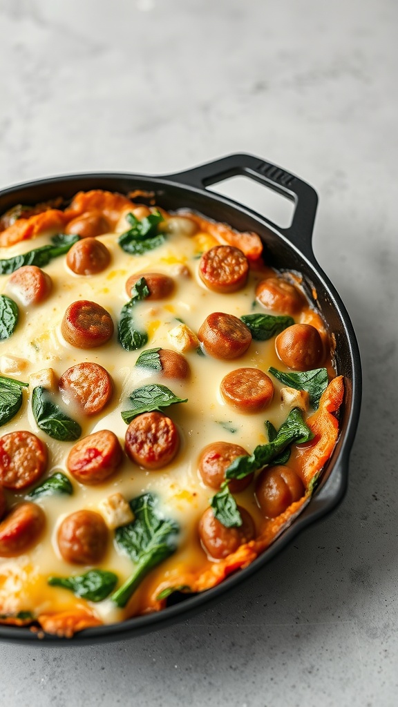 A delicious cheesy sausage and spinach bake in a black skillet.