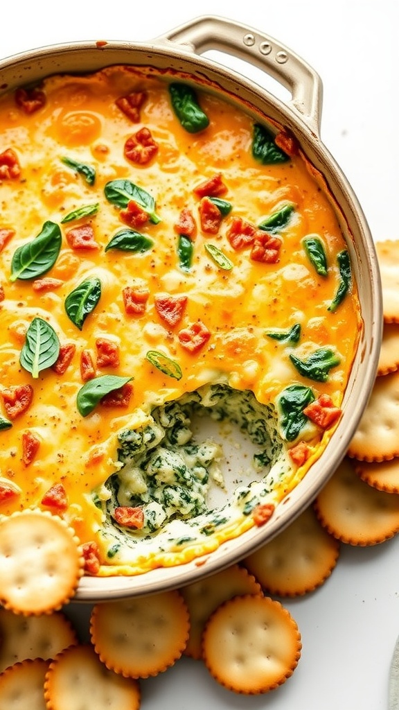 Cheesy spinach and artichoke dip in a serving dish, surrounded by crackers.