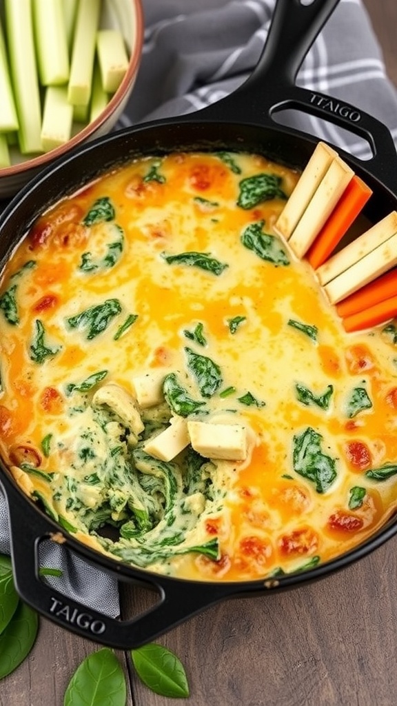 A creamy cheesy spinach and artichoke dip served in a cast iron skillet with celery and carrot sticks on the side.