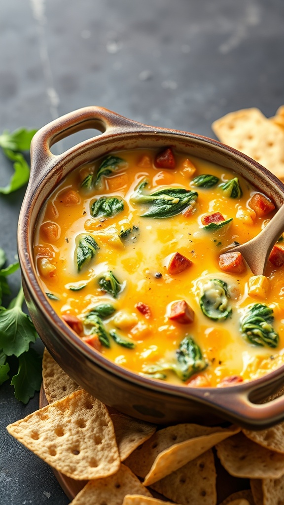 A bowl of cheesy spinach and artichoke dip surrounded by crackers.