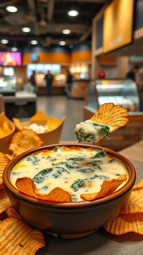 A bowl of cheesy spinach and artichoke dip with chips around it, set in a food court.