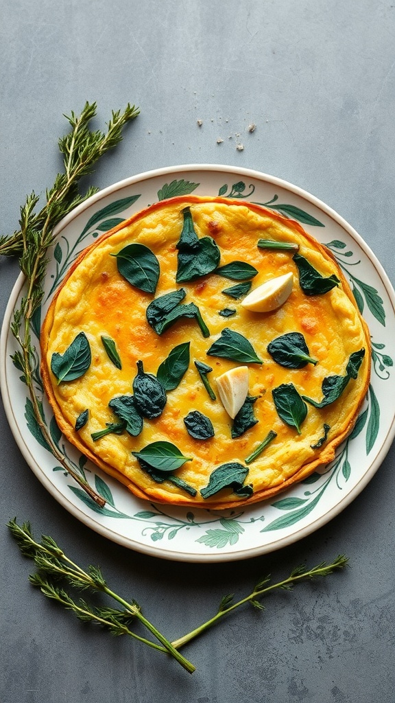 A delicious cheesy spinach and artichoke frittata on a decorative plate