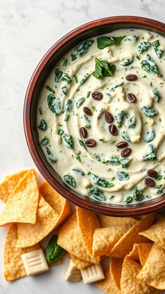 A creamy spinach and artichoke dip garnished with spinach leaves, surrounded by crispy tortilla chips.