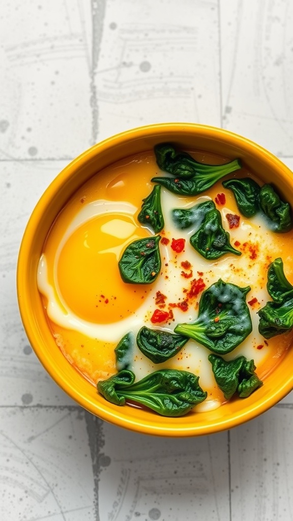 A cheesy spinach egg bowl with two eggs, fresh spinach leaves, and red pepper flakes.