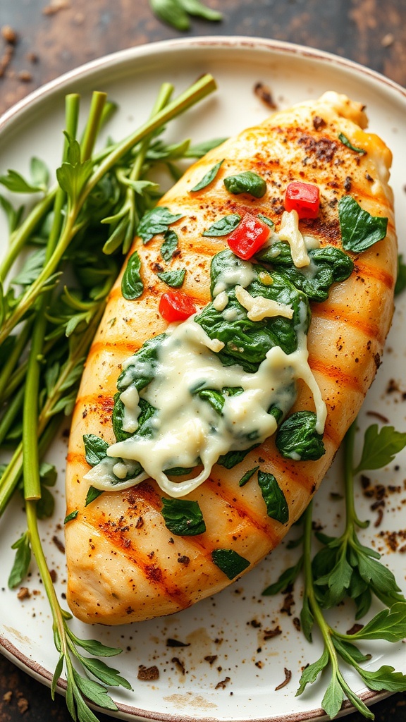 A grilled chicken breast stuffed with spinach and cheese, garnished with red peppers and herbs.