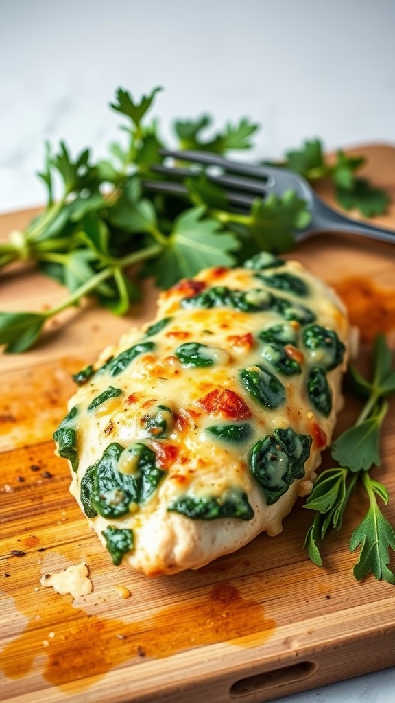 Cheesy spinach stuffed chicken breast laid on a wooden cutting board with fresh herbs.