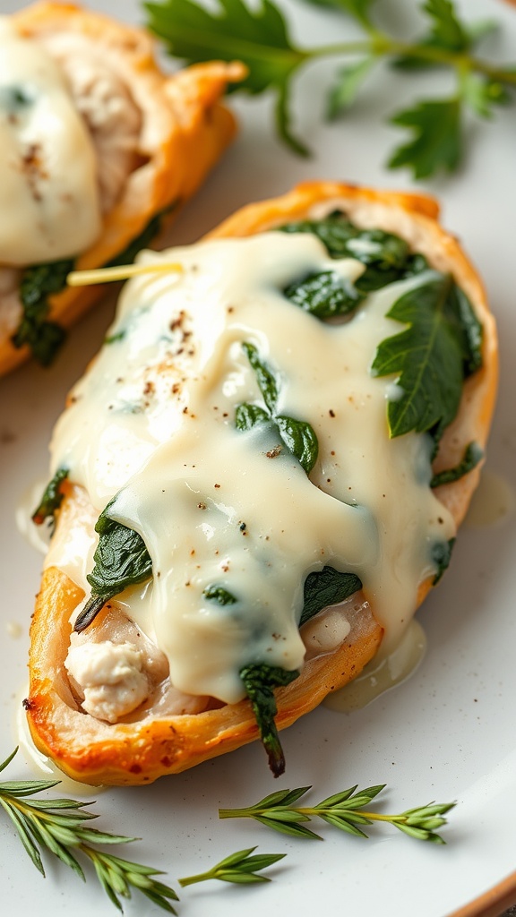 Cheesy spinach stuffed chicken with melted cheese and spinach leaves.