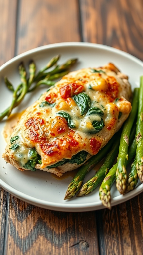 A plate of cheesy spinach stuffed chicken breast with asparagus.