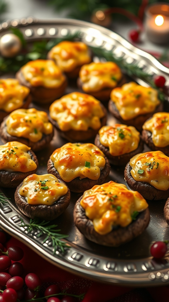 A platter of cheesy stuffed mushrooms topped with melted cheese and herbs.