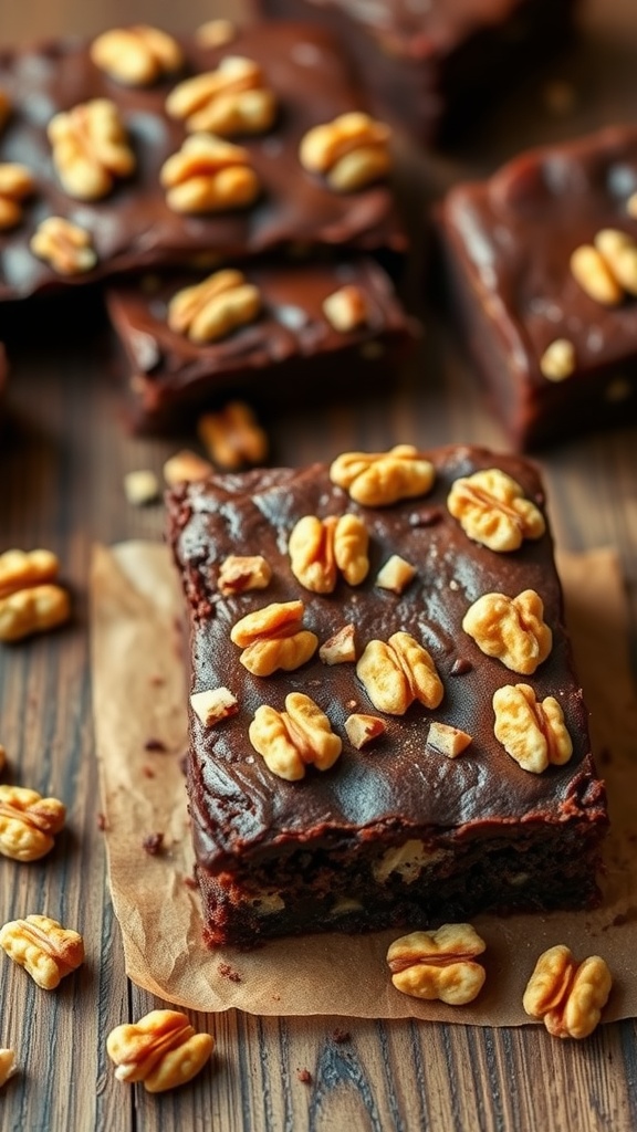 Chewy keto brownies topped with walnuts on a wooden surface.