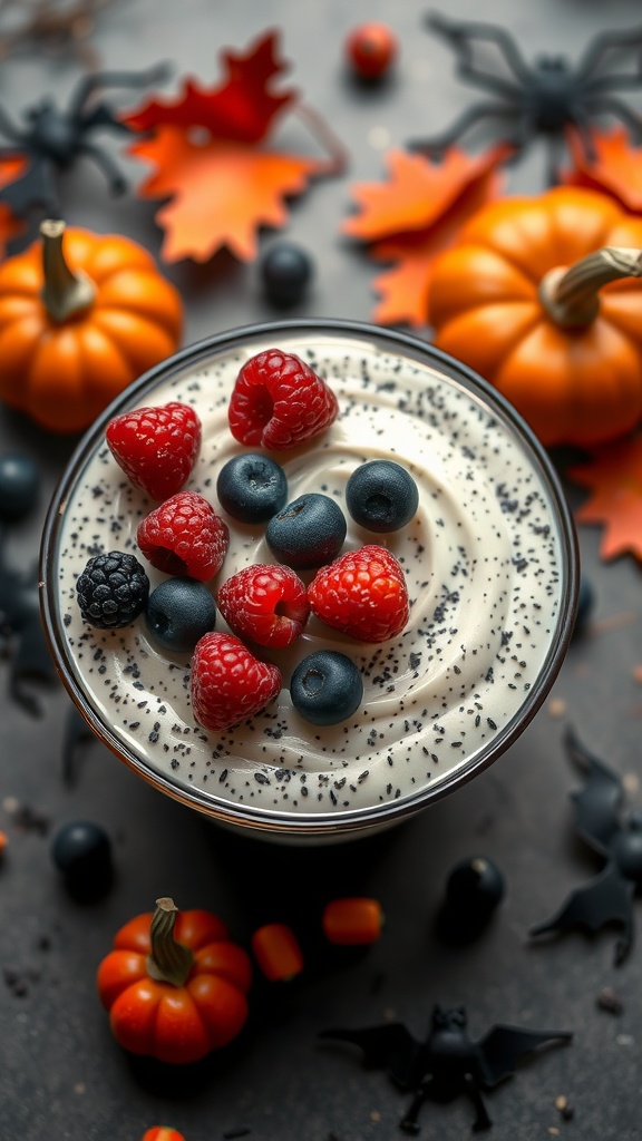 A bowl of chia pudding topped with raspberries and blueberries, surrounded by Halloween-themed decorations like pumpkins and bats.