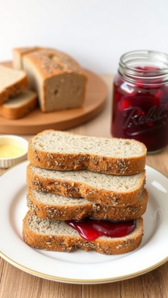 Sliced chia seed bread stacked with a layer of jelly, served with butter and a jar of preserves in the background.
