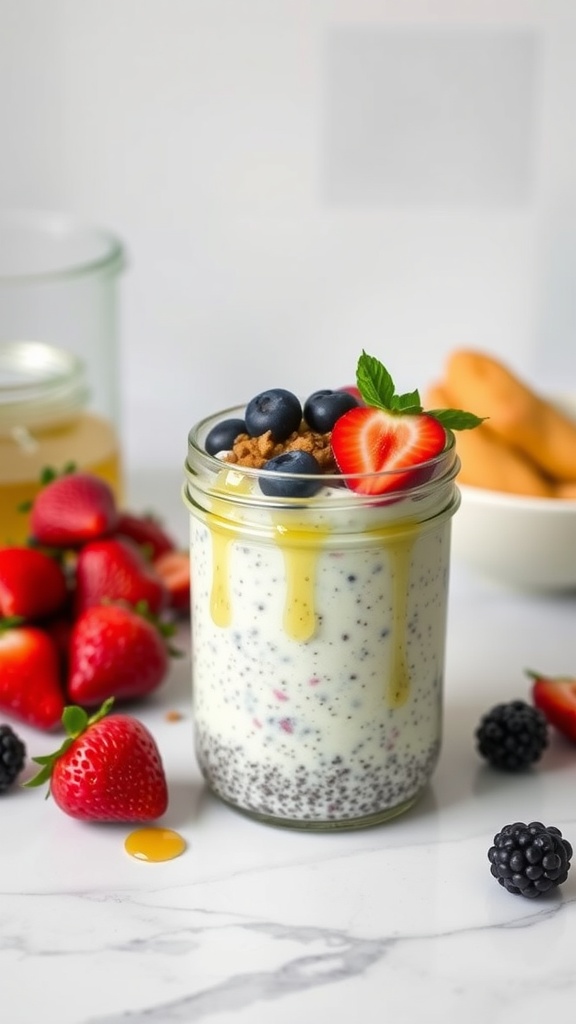 Chia seed pudding topped with strawberries and blueberries in a glass jar