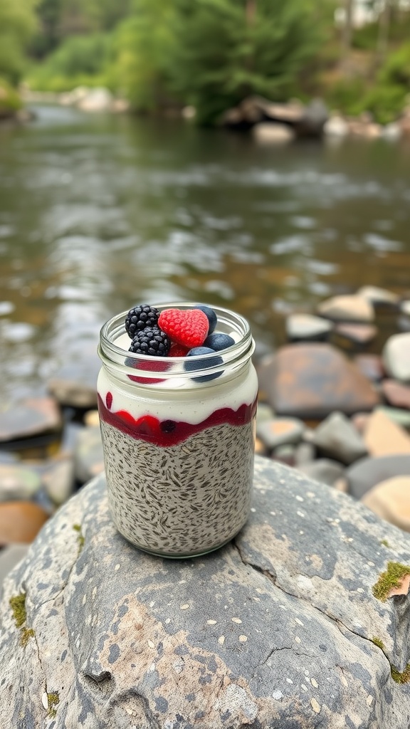 A jar of chia seed pudding topped with berries sitting on a rock by a river.