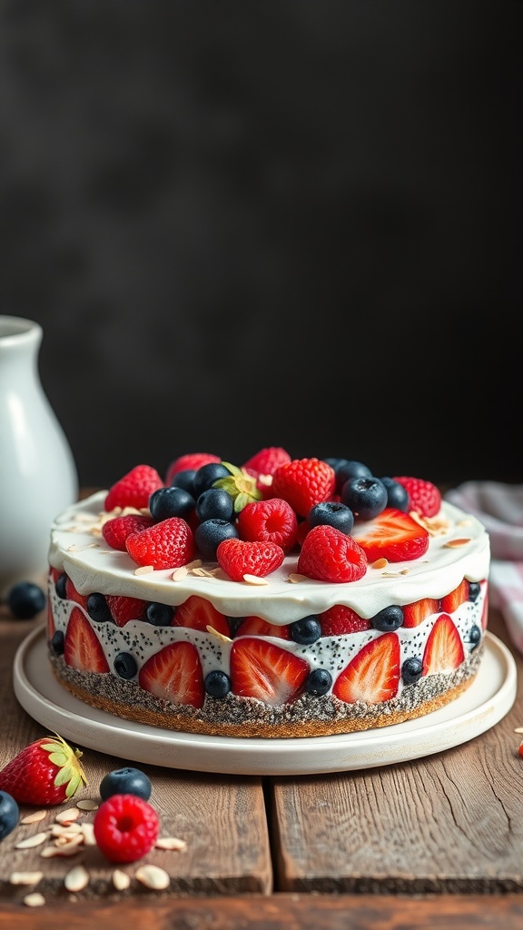 A beautifully layered chia seed pudding cake topped with strawberries, raspberries, and blueberries.