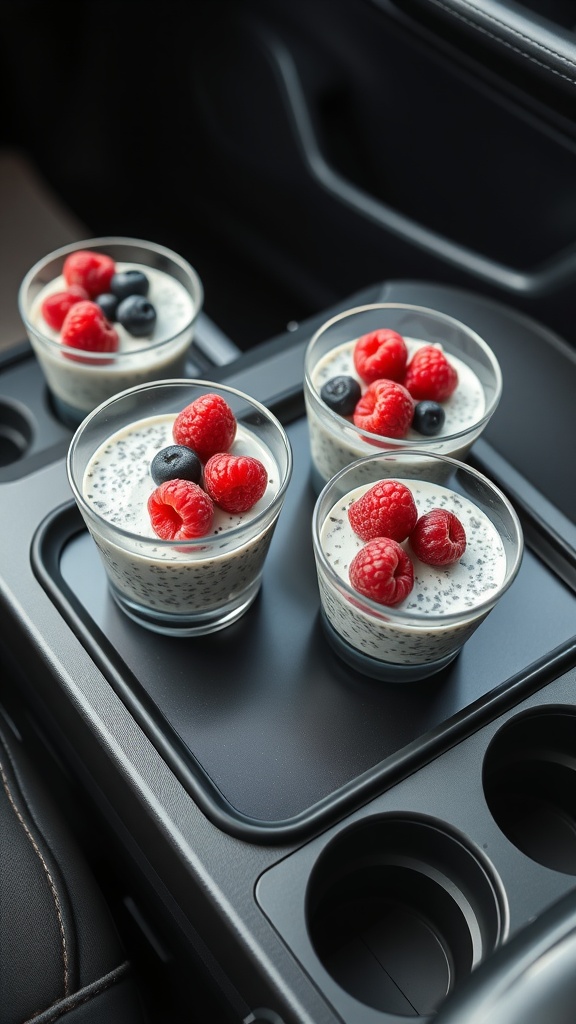 Chia seed pudding cups with berries in a car cup holder