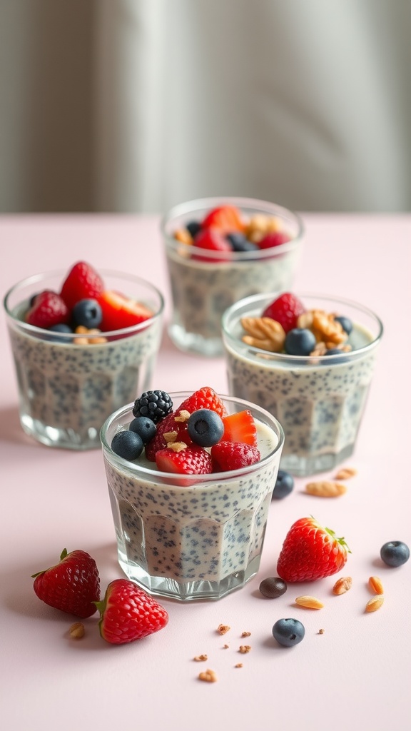 Four cups of chia seed pudding topped with berries and nuts.