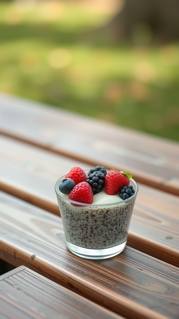 Chia seed pudding topped with raspberries, blueberries, and blackberries in a glass cup on a wooden table