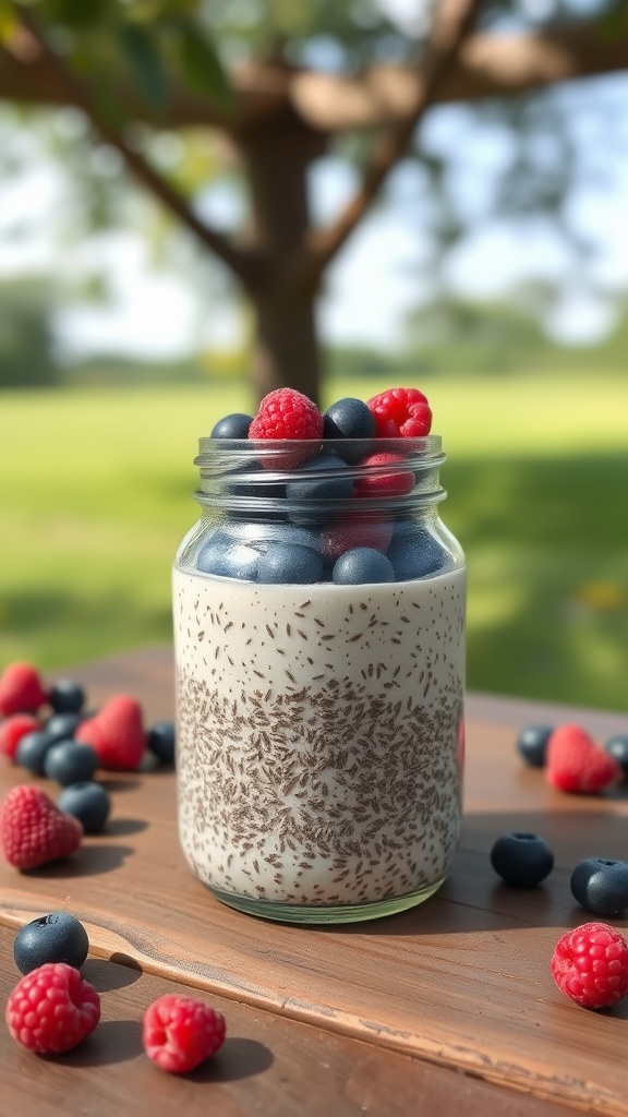 A jar of chia seed pudding topped with fresh raspberries and blueberries, placed on a wooden surface outdoors.