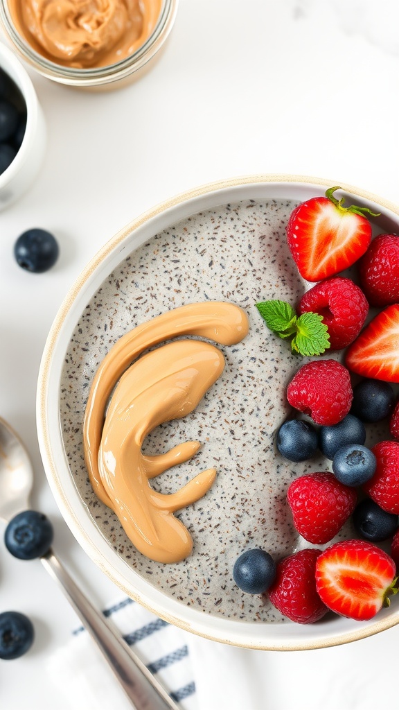 A bowl of chia seed pudding topped with almond butter, strawberries, and blueberries, with a soft gray fabric nearby.