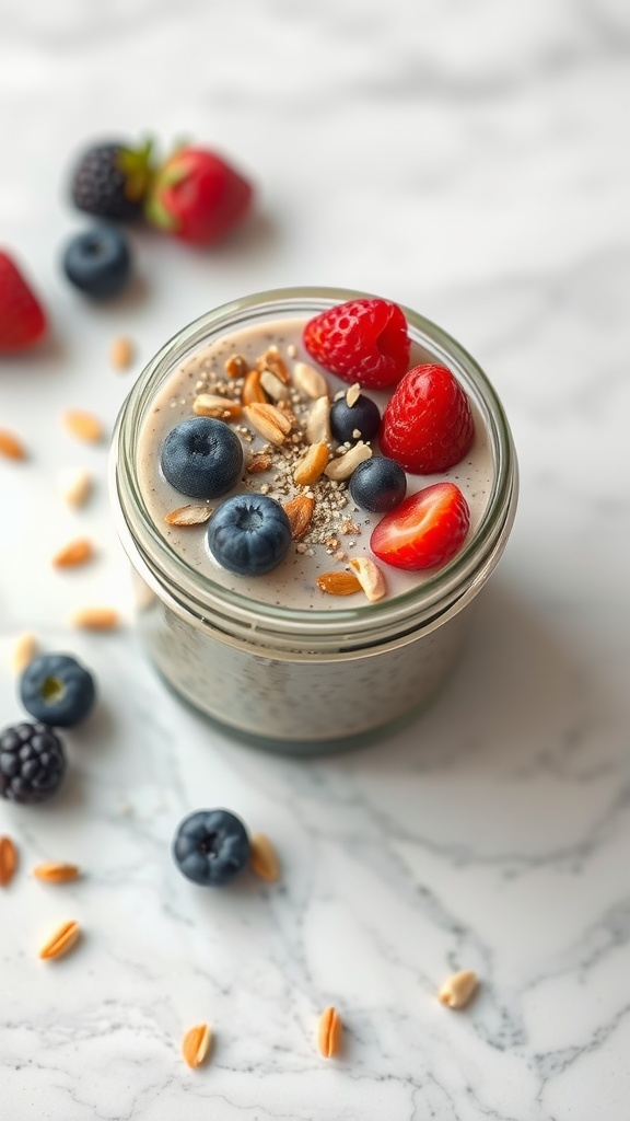 A jar of chia seed pudding topped with fresh berries and nuts on a marble surface.