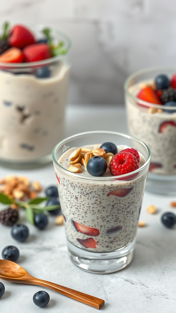 Creamy chia seed pudding topped with berries and nuts in glass cups