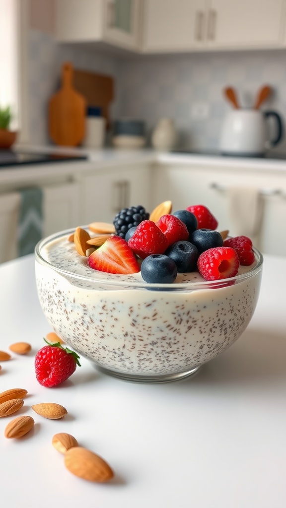 A bowl of chia seed pudding topped with fresh berries and almonds, placed on a kitchen countertop.