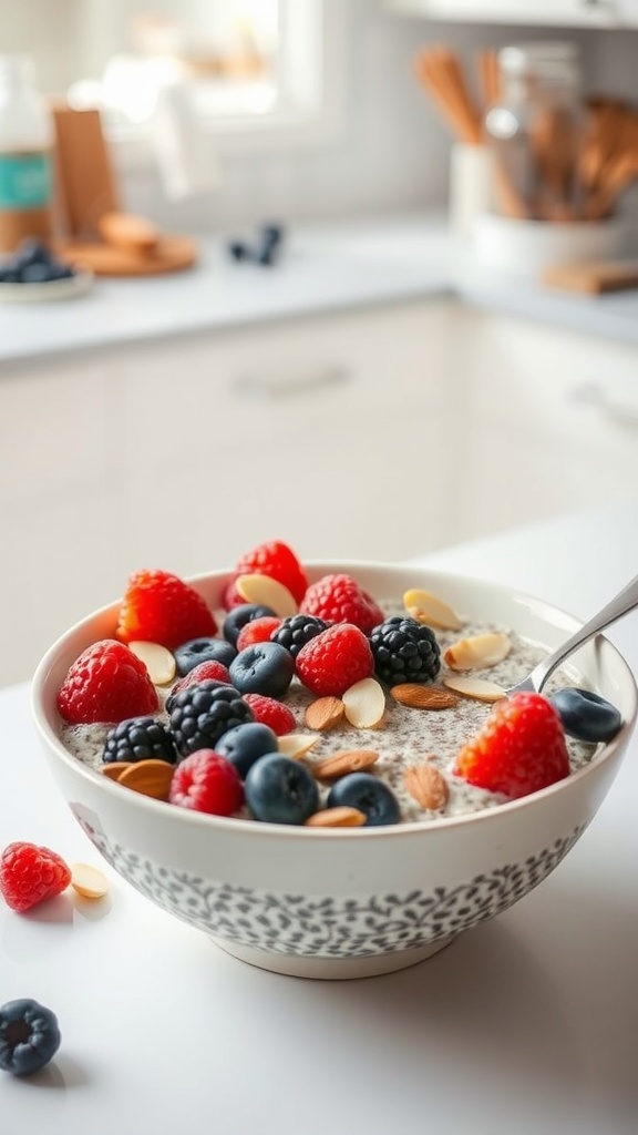 A bowl of chia seed pudding topped with mixed berries and almonds.