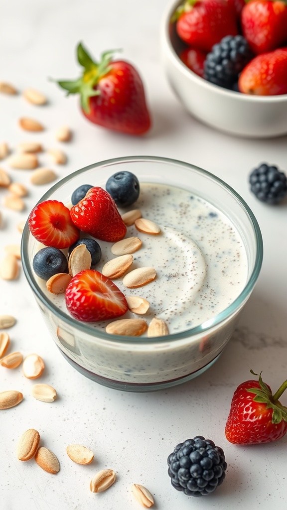 A bowl of chia seed pudding topped with strawberries, blueberries, and almonds, surrounded by more berries and almonds.