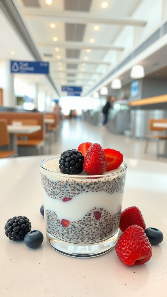 A glass of chia seed pudding layered with berries, set in an airport food court.