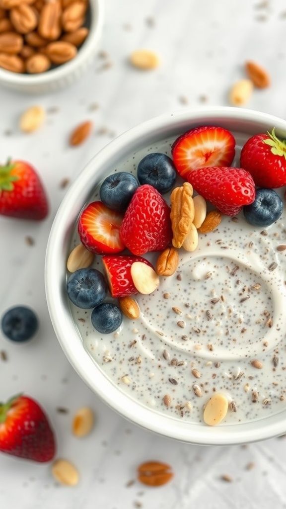 A bowl of chia seed pudding topped with strawberries, blueberries, and nuts.